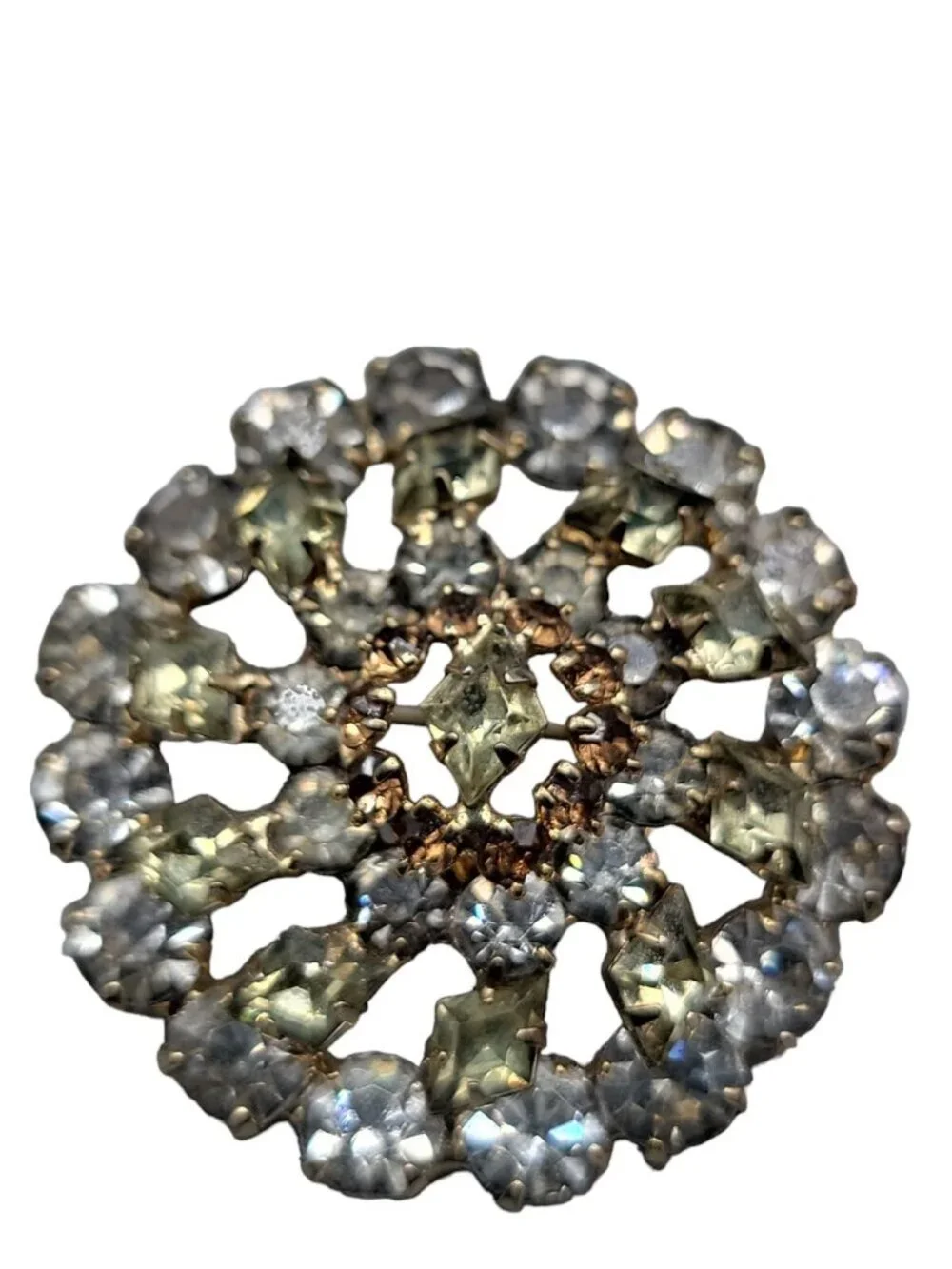 MCM Layered Cluster Brooch Round Crystal Navette Rhinestone Pin Unsigned Vintage